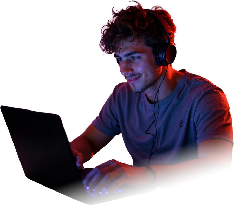 Cliente com fone de ouvido usando o notebook